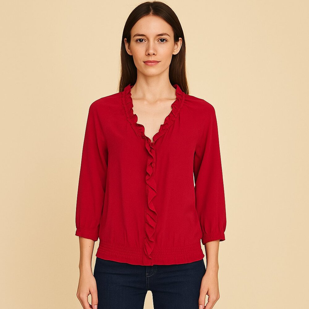 Joie Red Silk Ruffle Button Down Blouse Shirt $278